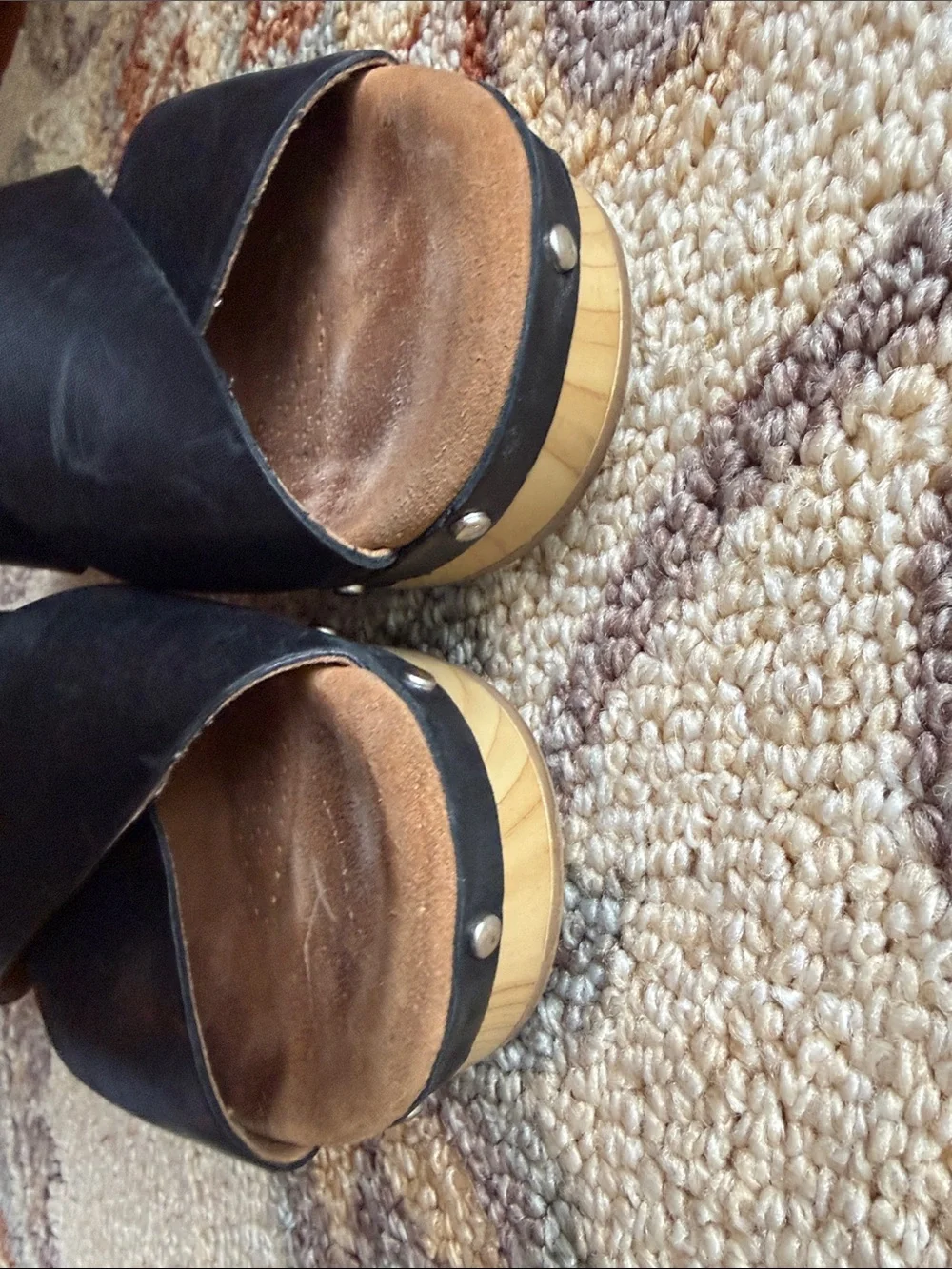 Clarks Black Leather Crossover Sandal with Wood Heel